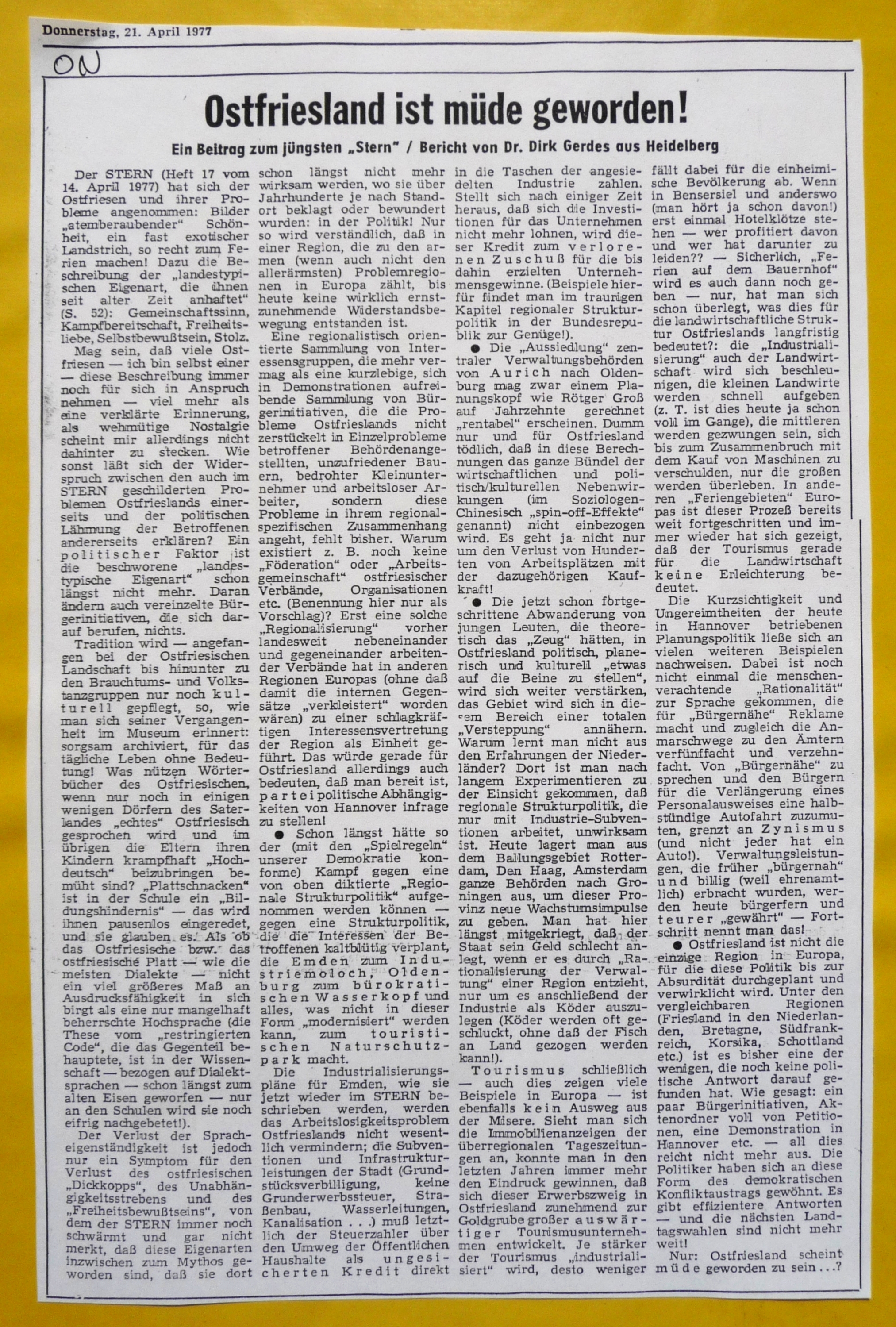 Regionalistischer Ostfriesland-Leserbrief 1977